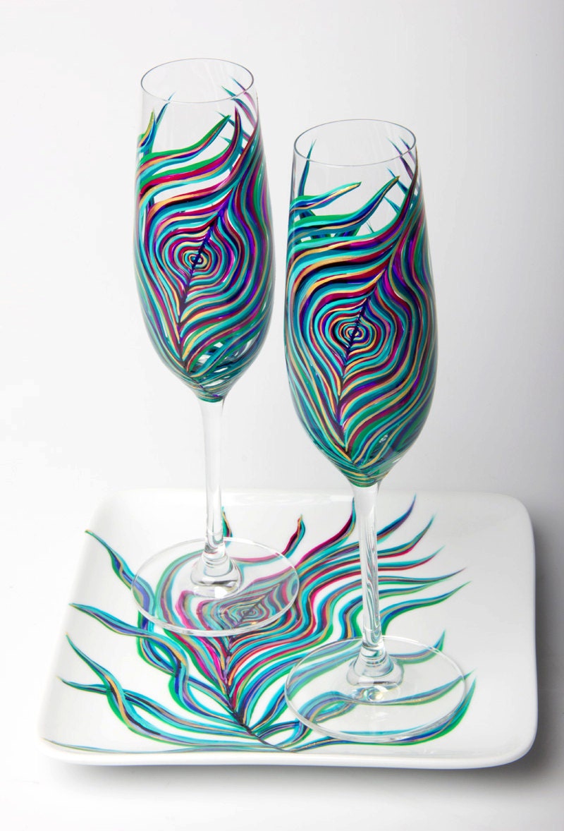 Peacock Wedding Toast and Cake Serving 6-Piece Customized Collection--Peacock Toasting Flutes, Ring Dish, Cake Plate, Cake Serving Set