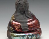 Woman Buddha Statue in a Red Copper Gold Silver Raku Robe