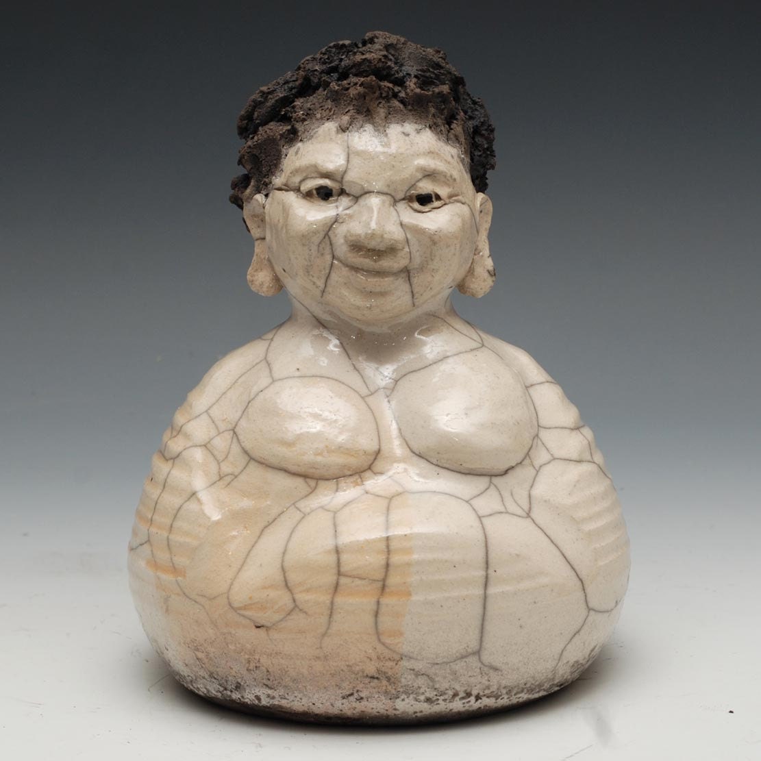 Little Laughing Buddha Statue in White Raku Ceramics