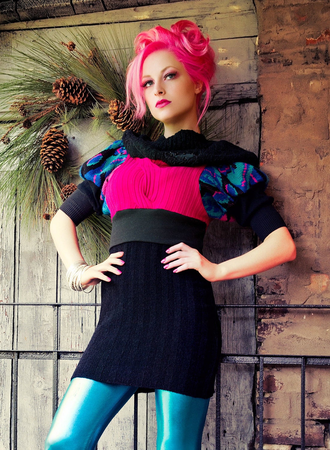 UpCycled Patchwork Sweater Dress with Oversized Puff Sleeves & Turtle Neck by Janice Louise Miller