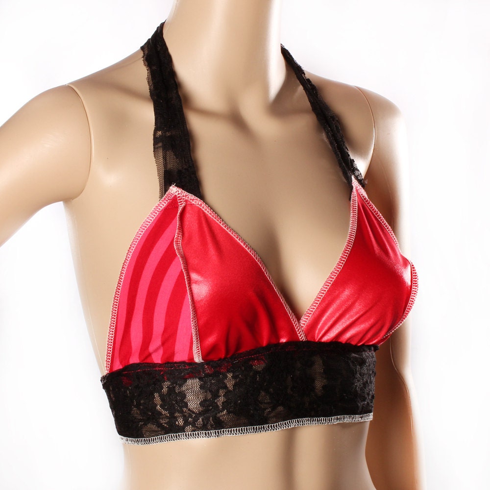 Gothic Bikini Halter Top, Black lace Red stripes, Playful Halter for summer festivals Yoga Poolside Beach Resort Clubbing Bra Small
