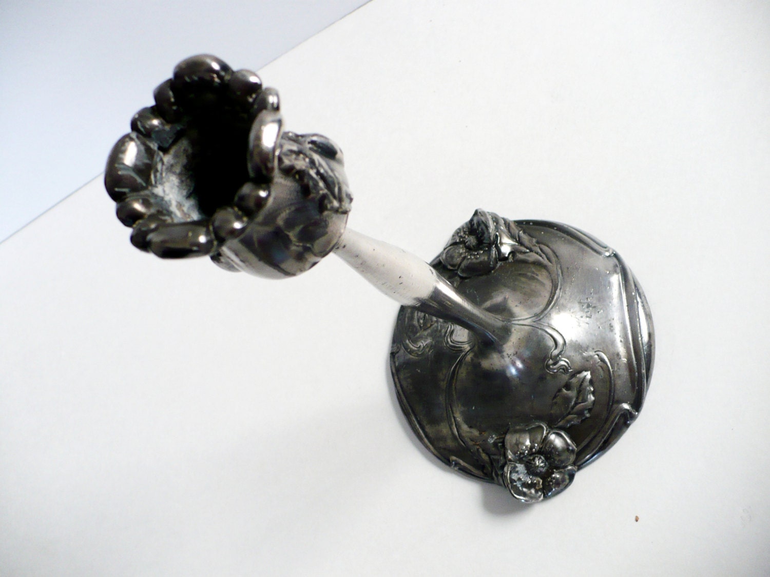 Antique Art Nouveau Candlestick Weidlich Bros Mfg Co marked W.B. MEG CO 1900s Ornate Floral Metal Silver Plated Candle Holder Decor USA