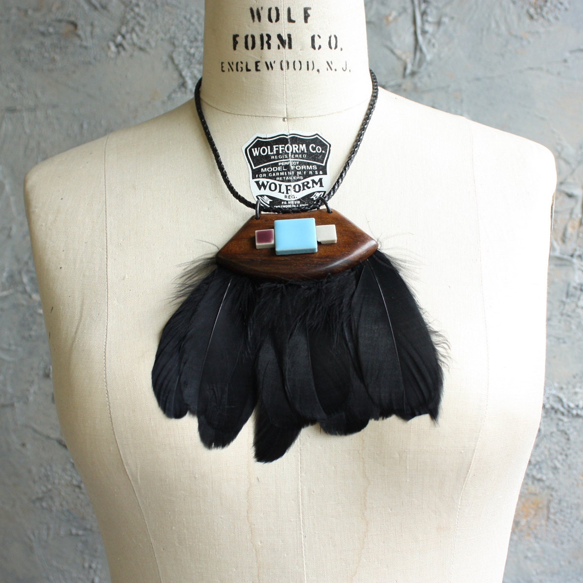 Wood, Feather and vintage Tile necklace - One of a Kind
