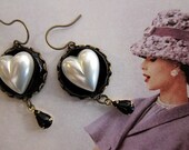I Love Lucy pearl heart and jet glass earrings