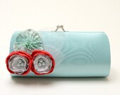 Bridesmaid Clutch Bridal Clutch in Dusty Aqua Seafoam - Silver Red & White Flower Blossoms - Bouquet Alternative