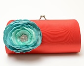 Bridesmaid Clutch Bridal Clutch in Bright Red - Rhinestone Ombre flower in Dusty Aqua Seafoam Mint - Ombre Clutch