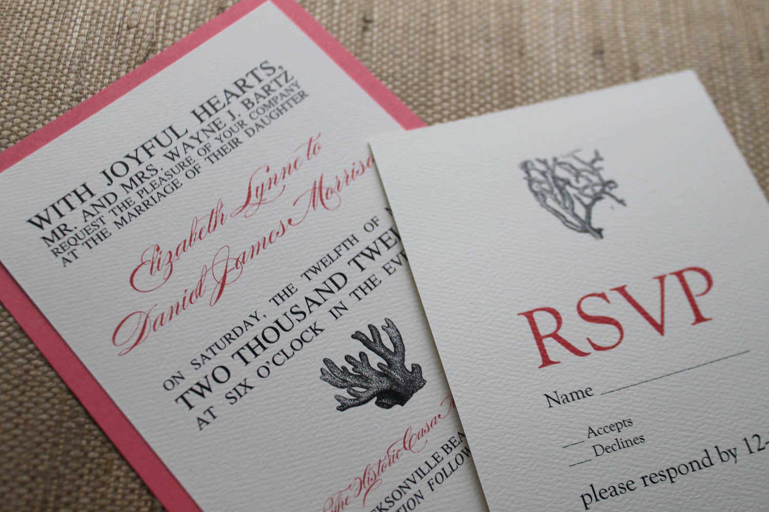 Beach Wedding Invitation, Destination, Coral Wedding Invite, Elegant Beach Wedding, Shells - CORAL