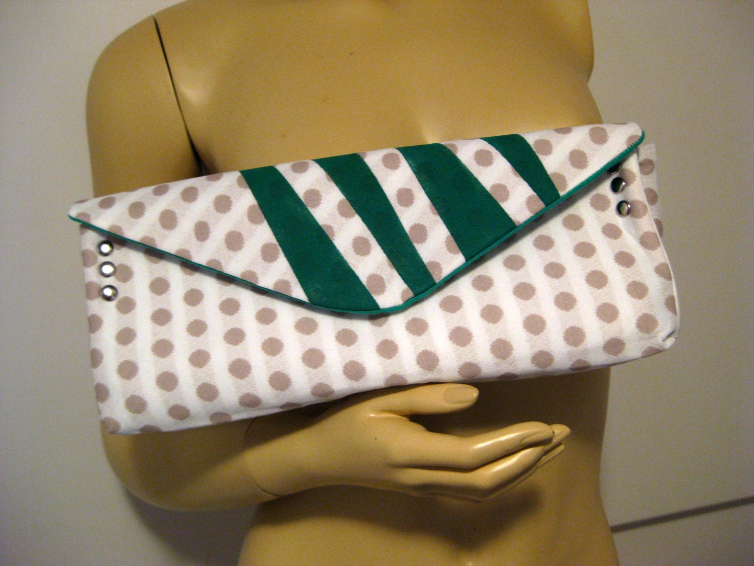 Upcycled Polka Dot Clutch with Hand Painted Green Stripes