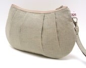 Pleated Wristlet Clutch Purse - Taupe Beige Cotton Linen