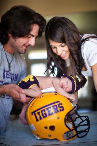 Lsu Football Hat and diaper cover set , crochet baby hat , diaper cover Size newborn 0 3  6 12 months MADE TO ORDER