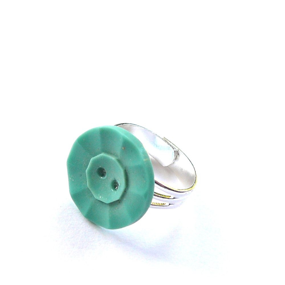 Aqua Vintage Button Adjustable Ring - Shabby Chic