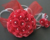 Bridal Bouquet and Groom Boutonniere set, Origami spiral rosette in red color