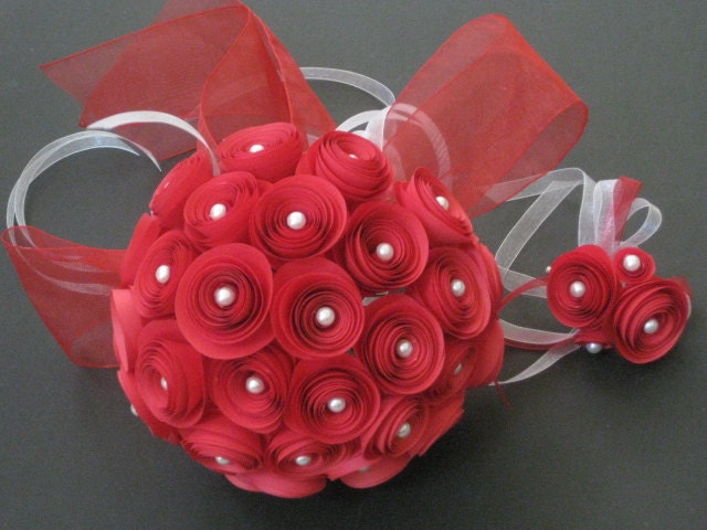 Bridal Bouquet and Groom Boutonniere set, Origami spiral rosette in red color