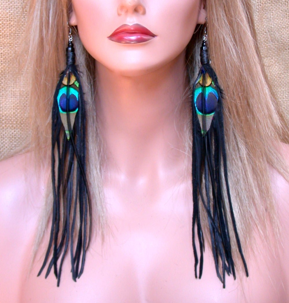 Super Long Peacock Feather Earrings with Black Deerskin Fringe- Ready to Ship
