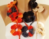 Flower Scarf, Handmade Crochet , Grey, orange, red and cream mix tones, Flower Lariat, Scarf, Necklace
