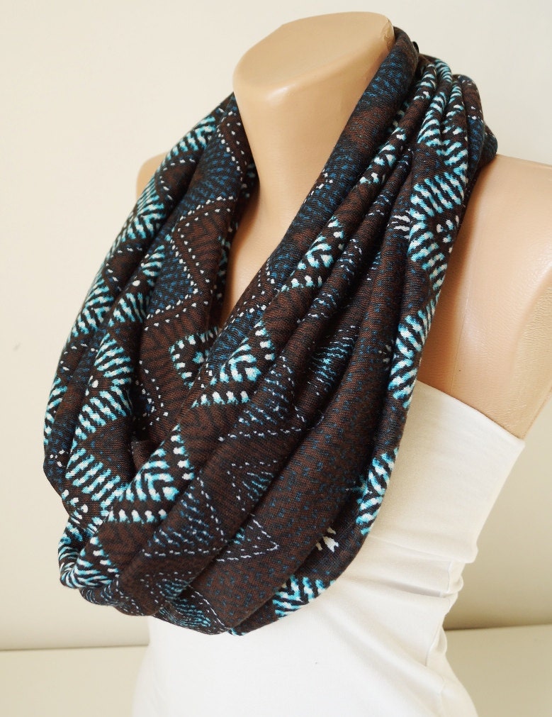 Chevron Scarf. Loop Scarf .Cowl Scarf. Circle Scarf. Brown and Blue. Jersey Scarf