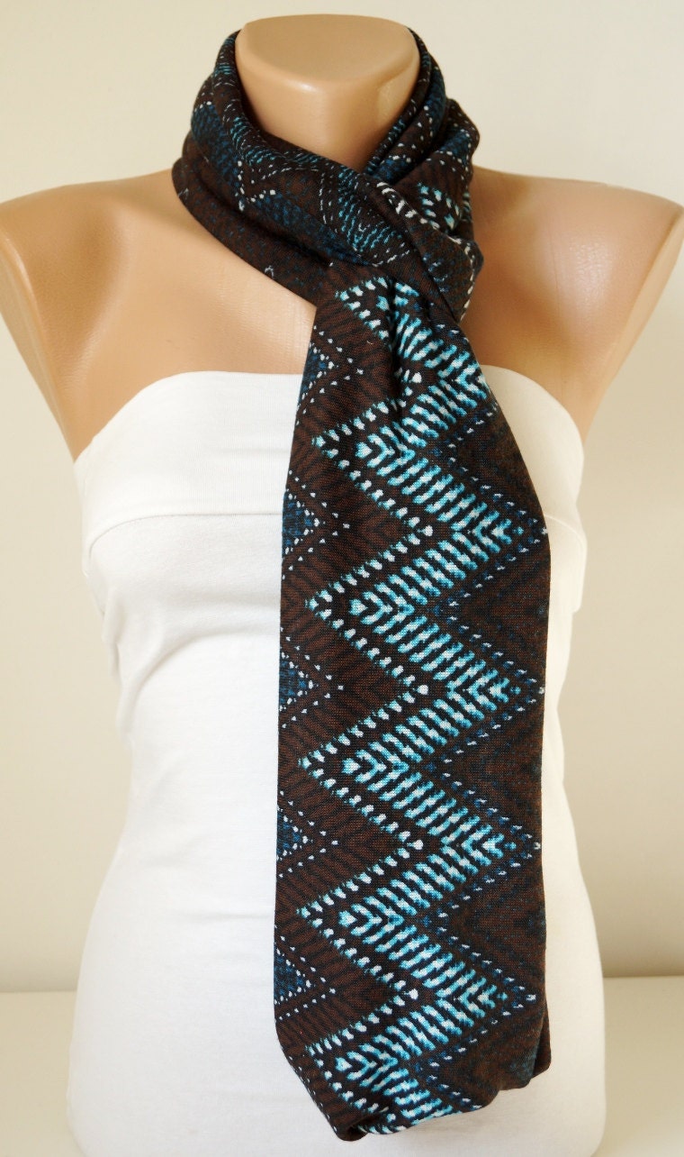 Chevron Scarf. Loop Scarf .Cowl Scarf. Circle Scarf. Brown and Blue. Jersey Scarf