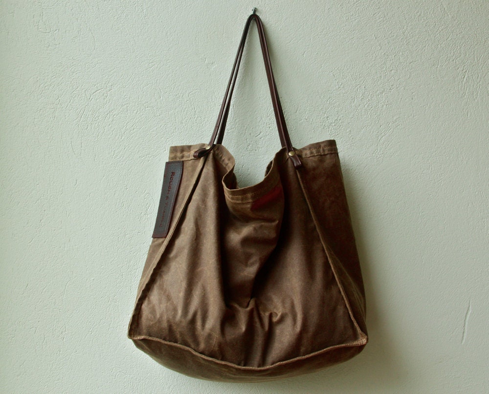 FARMERS MARKET TOTE - waxed canvas and leather with wine bottle pocket - ships today