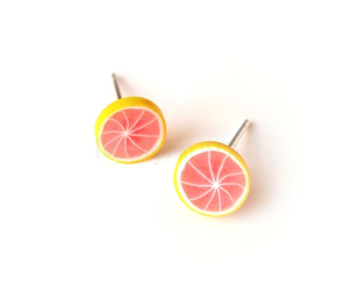 Grapefruit Earring Studs - Pastel Jewelry - Fruit Earring Posts - Pink Yellow Earrings - Fruit Jewelry