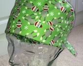Tie Back Scrub Hat with Holiday Sock Monkeys