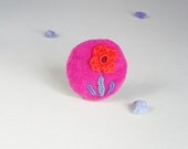 fiber brooch -   hot pink orange -  textile pin stitched - round with a flower