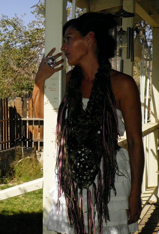 Camoflage Triangle Neckscarf with Bits of Pink Fringe by NonasNote Ready To Ship