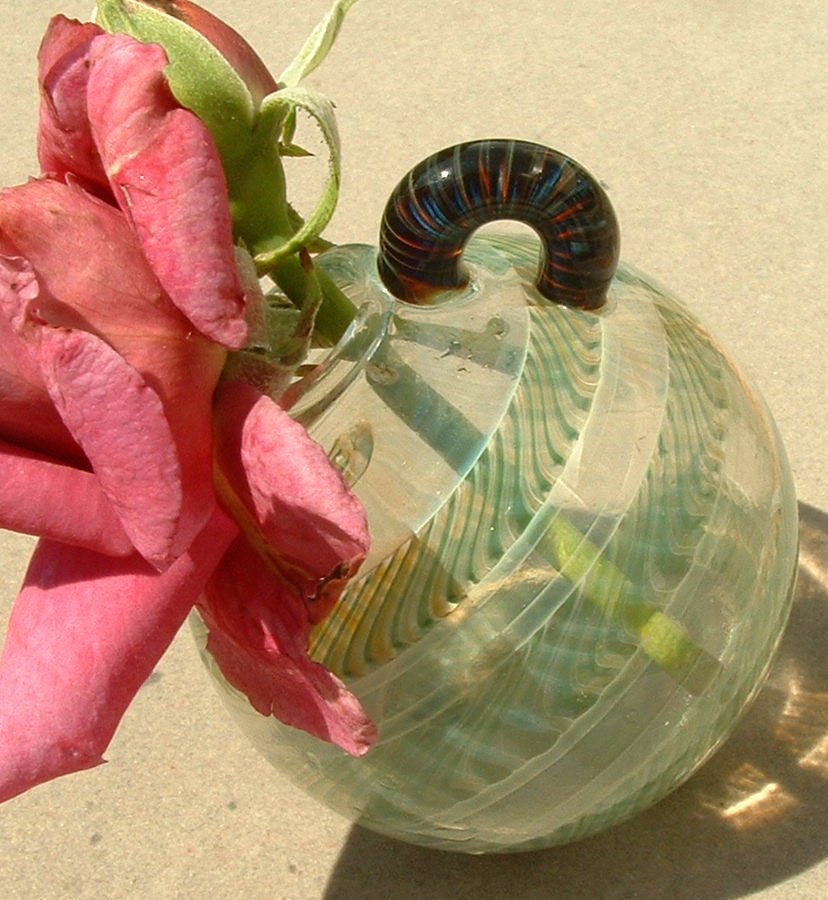 Hand blown glass Bud Jug, little flower bud vase with Green ribbon cane stripes
