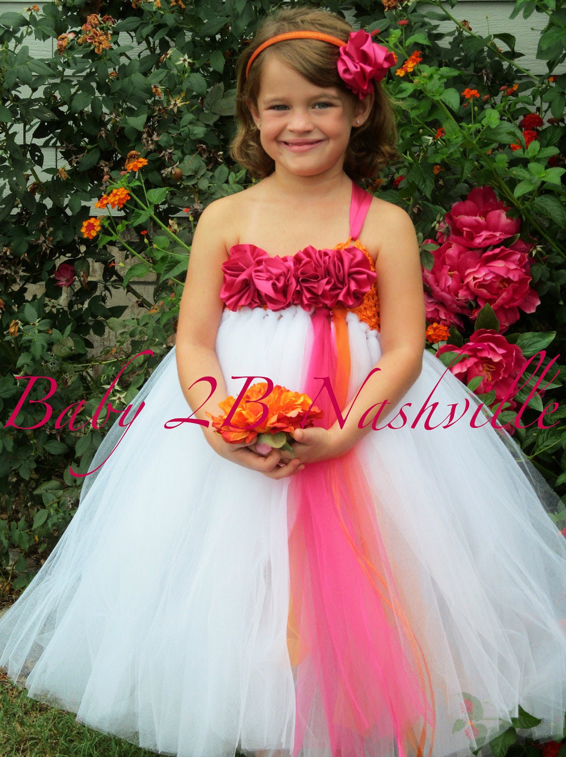 Flower Girl  Dress in White with Orange and Fuchsia Accents  Baby to 2T