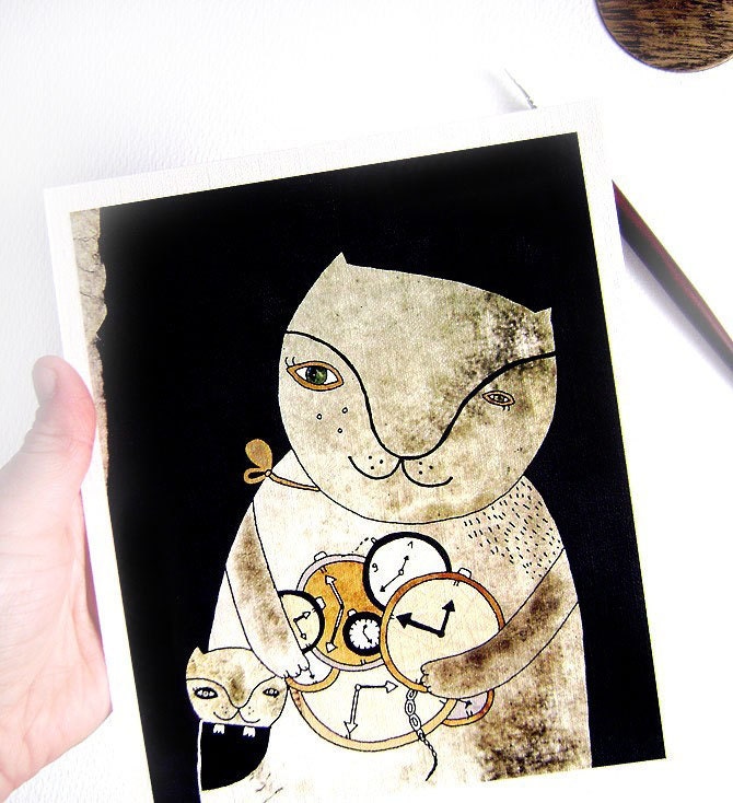 Whimsical Cat illustration print - Time. Black cat. Home decor.