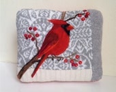 Needle Felted Cardinal in a Snowy Land Pillow made from Recycled Sweater Fabric by Val's Art Studio - ValsArtStudio