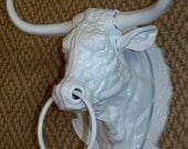 Cast Iron Bull Mount,Cow,White,Horns