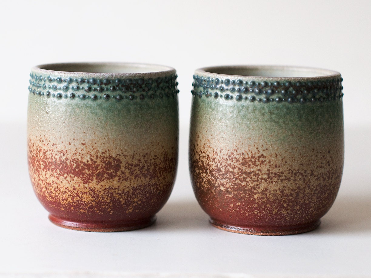 Set of Two Cups, Stoneware, Rust Red and Turquoise, 12 Ounces