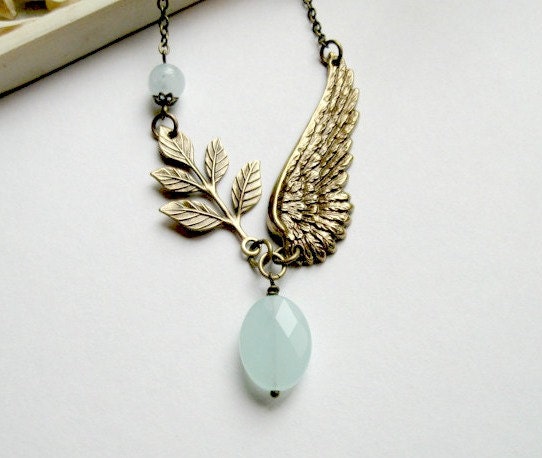 Brass wing necklace, blue amazonite quartz, brass leaf - nature jewelry