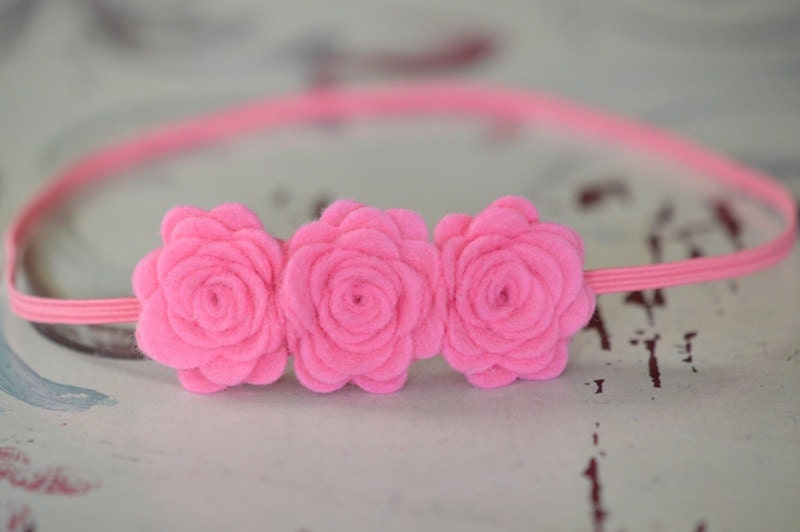 Wool Felt Flower Headband - Barbie Pink Rose Trio - Newborn Baby to Adult Headband