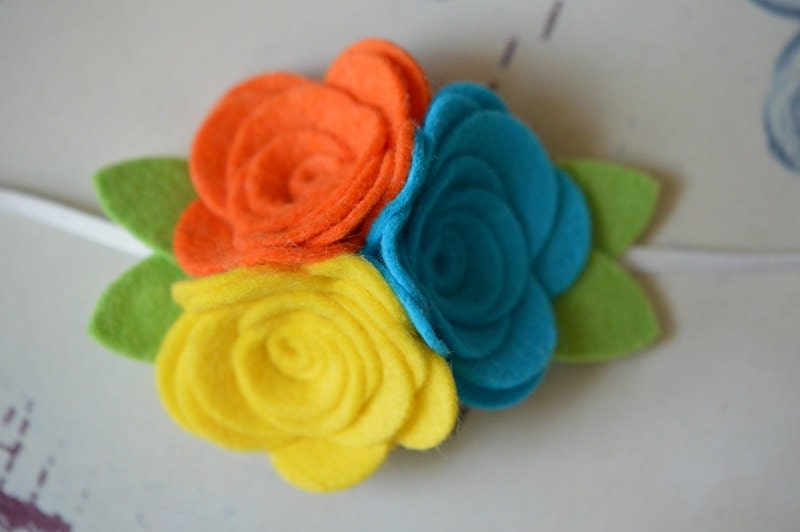 Girls Flower Headband - Large Rose Trio - Summer Fun Orange, Bright Yellow and Bright Turquoise - Wool Blend Felt Flowers