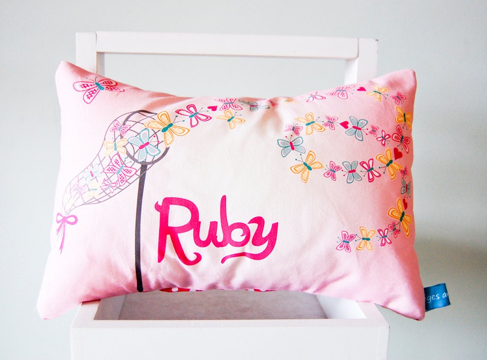 Pink personalised catching Butterflies cushion
