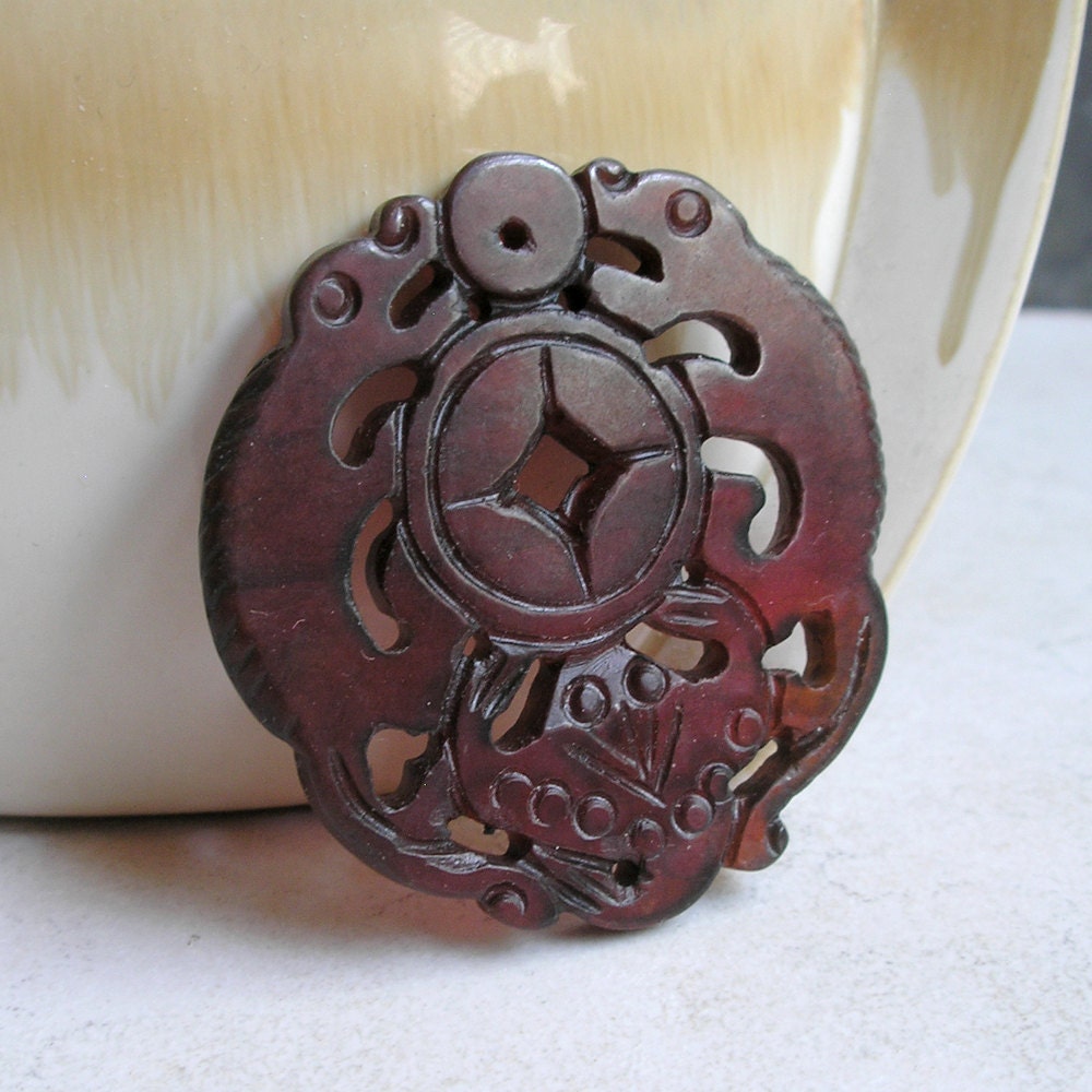 Red Jade Carved Pendant- Carved Bat, Dragons,Coin Chinese Pendant- Wealth/Peace/Protection Pendant