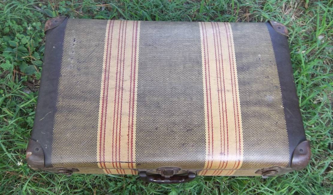 Antique Trunk Faux Painted Brown Tweed Metal Suitcase Airways Luggage wEDDING dISPLAY