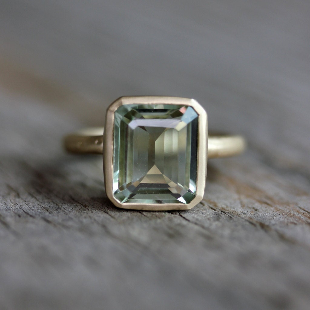 Emerald Cut Green Amethyst Ring, Prasiolite Ring in Recycled 14k Yellow Gold, Made in Your Size
