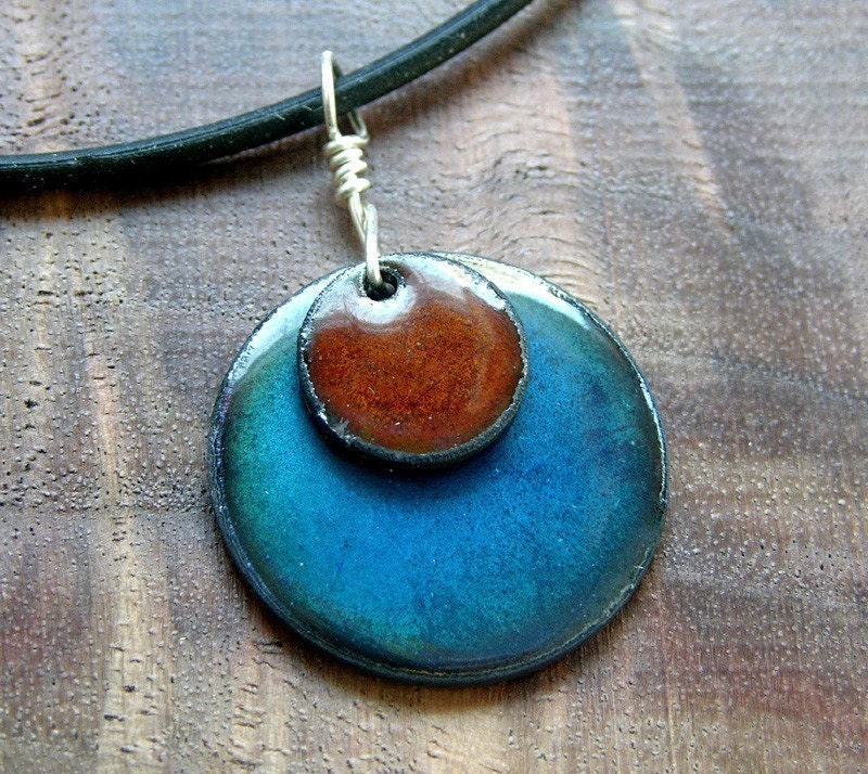 Items similar to Copper enamel jewelry Chestnut Brown and Water Blue