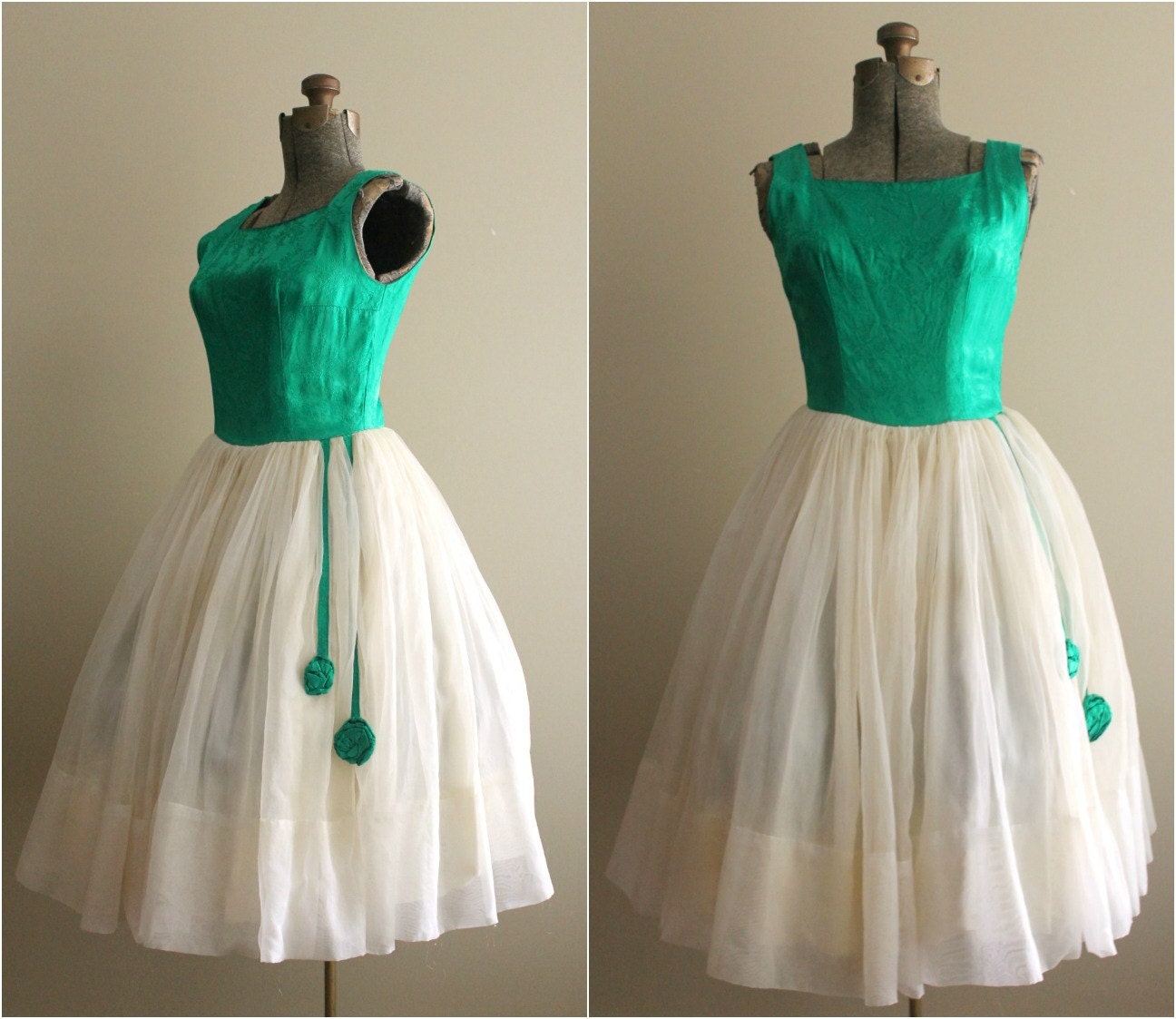 Vintage 1950s Dress / 50s Dress / Emerald Green / Chiffon Dress