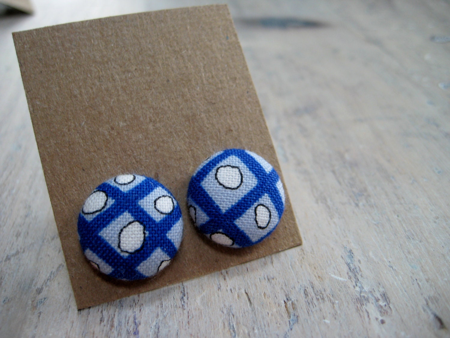button earrings - marine blue cross hatch - pattern placement varies