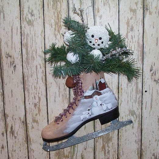 Snowman Ice Skate Hand Painted Primitive Folk Art Winter Decor Floral CWWOFG
