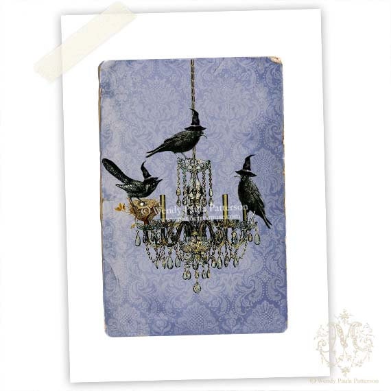 Halloween, Art Print, Giclee, Murder of Crows, Chandelier, Witches Hat, Blue Damask, Collage