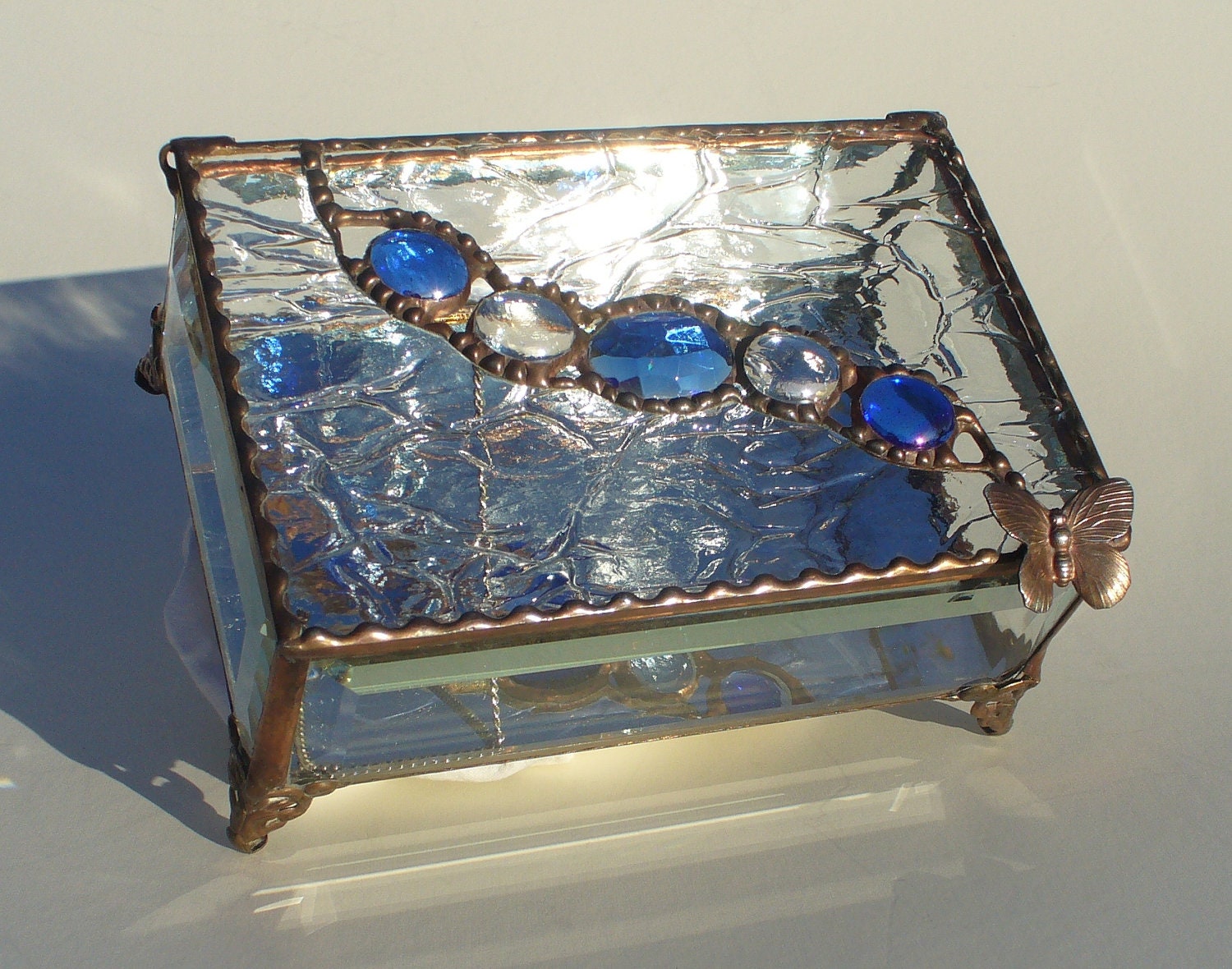 Cobalt Blue Jewelry Box with Faceted Jewel and Glass Beads and Filigree Legs