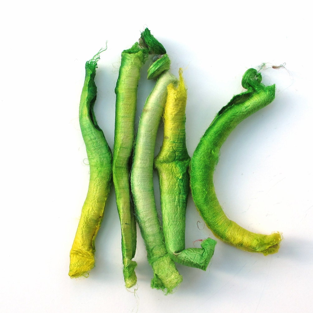 Silk carrier rods - hand dyed - lemon yellow, lime green, pea green, bright green