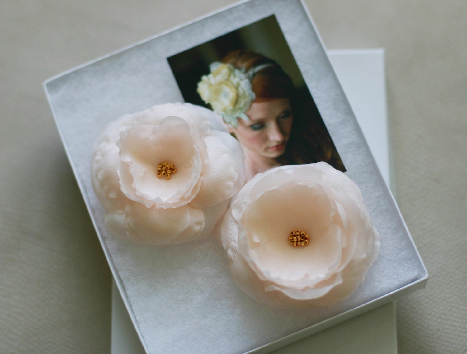 Bridal Hair Mini Silk Flower Fascinators Set of 2 in Pale Peachy Pink by Fine & Fleurie