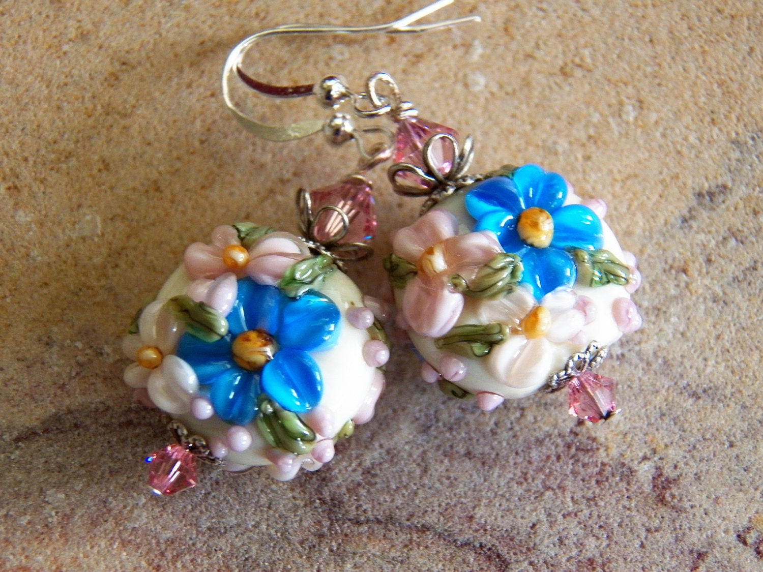 Ivory Lampwork Earrings with Blue and Pink Flowers , Summertime Floral Lampwork Earrings, TREASURY ITEM, under 40