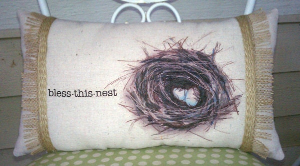Bless this nest  bird nest decorative accent pillow.