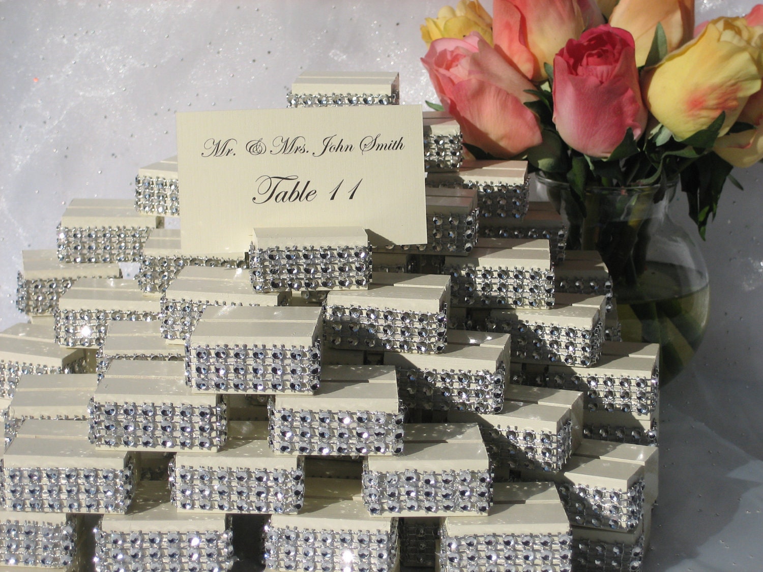 Ivory Wood place card holders trimmed with a crystal wrap-Set of 100 (Vintage/Shabby Chic Wedding)
